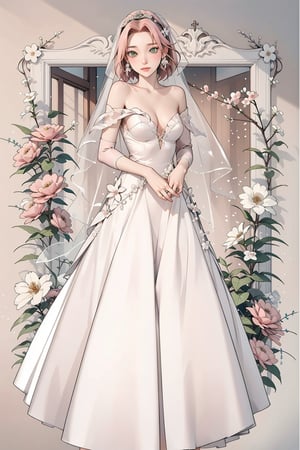 Sakura Haruno, pink hair, green eyes, bride, dress, flower, bridal dress, chapel, accessories, beauty, masterpiece, best quality