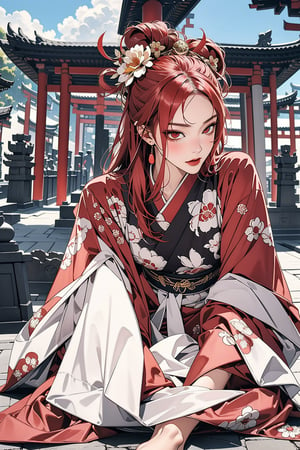 Karin Uzumaki, long red hair, red eyes, ancient asia, ancient china, ancient japan, chinese clothes, japanese clothes, accessories, gold, head accessories, masterpiece, best quality