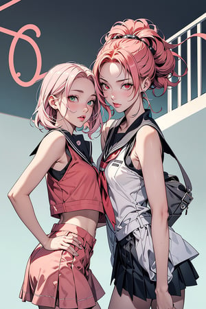 2 girls, 1girl with short pink hair and green eyes named Sakura Haruno, 1girl with long red hair and red eyes named Karin Uzumaki, school. high school, high school uniform, school_uniform, rival, fierce look, harunoshipp forehead protector, sleeveless shirt,Karin uzumaki,Karin,Karin_Uzumaki,school uniform