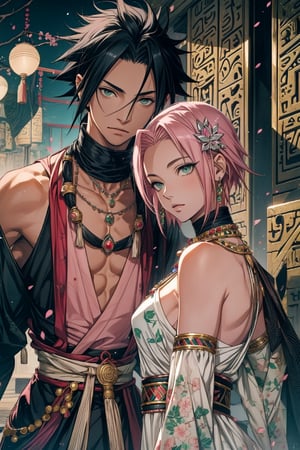 1girl with short pink hair and green eyes wearing egpyt-style dress named Sakura Haruno, 1boy with black hair and black eyes named Sasuke Uchiha, both having hair ornaments and jewelry, necklace, wearing egypt clothes, looking at each other, royalty, harunoshipp, Sasukeanime
