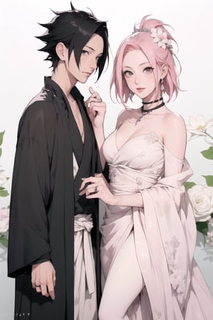 1girl, 1boy, 1girl with short pink hair and green eyes named Sakura Haruno, 1boy with black hair and black eyes named Sasuke Uchiha, couple, marriage, festival, bride, groom, bridal gown, happy, fun, ring, jewellery, accessories, flower, Sakura Haruno, Sasuke Uchiha