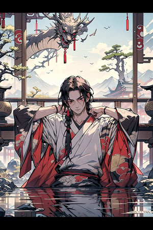 Itachi Uchiha, black long hair, black eyes, ancient asia, ancient japan, ancient china, japanese clothes, chinese clothes, royalty, king, accessories, gold, masterpiece, best quality