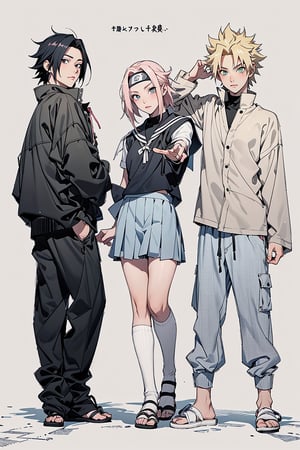 1girl, 2boys, 1girl with short pink hair and green eyes named Sakura Haruno, 1boy with black hair and black eyes named Sasuke Uchiha, 1boy with blond hair and blue eyes named Naruto Uzumaki, friends, high school, school uniform, school, classroom, team 7, harunoshipp, Sasukeanime, hairband,Sasuke Uchiha ,Naruto uzumaki 