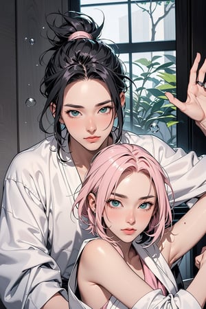 1girl with short pink hair and green eyes named Sakura Haruno, 1man with long black hair and grey eyes named Neji Hyuuga, ninja, shinobi, partner, training, action_pose, harunoshipp, Asian man, forehead protector, sleeveless shirt,Ninja,ruanyi0156,white bathrobe,bubble bath