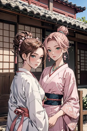 1girl with short pink hair and green eyes and small breast named Sakura Haruno in traditional dress, 1girl with brown hair with two twin buns and brown eyes named Tenten in traditional dress, harunoshipp, Japanese art, hair ornament, necklace, jewelry, traditional_japanese_clothes, servants,Tenten,hanfu,blue_dress dress,Chinese style,haruno sakura