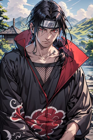 Itachi Uchiha, black long hair, black eyes, red eyes, ninja, shinobi, akatasuki, tranquil, calm, masterpiece, best quality