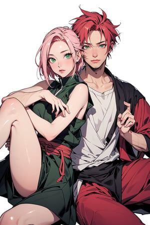 1girl with short pink hair and green eyes named Sakura Haruno in ninja attire, 1man with red hair and green eyes named Gaara, shinobi, ninja, harunoshipp