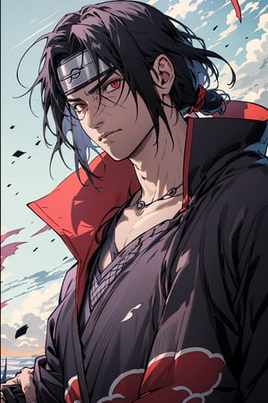 Itachi Uchiha, black long hair, black eyes, red eyes, ninja, shinobi, akatasuki, tranquil, calm, masterpiece, best quality