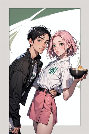 1girl with short pink hair and green eyes named Sakura Haruno, 1man with short black hair in a bowl cut and black eyes named Rock Lee, high school, school uniform, crush, harunoshipp,