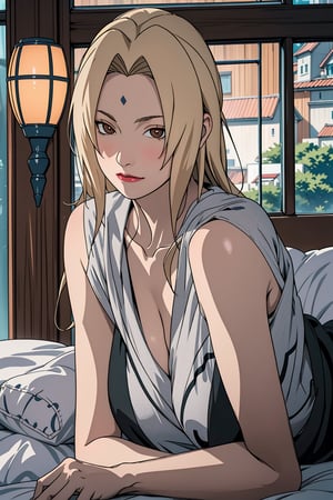 Tsunade, Tsunade Senju, long blonde hair, brown eyes, sleepy, sleep, bed, comfortable, nightwear, masterpiece, best quality