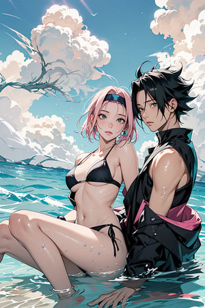 1girl, 1boy, 1girl with short pink hair and green eyes named Sakura Haruno, 1boy with black hair and black eyes named Sasuke Uchiha, couple, beach, summer, bikini, swim trunks, water, sea, ocean, underwater, hot, fun, harunoshipp, Sasukeanime, hairband,Sasuke Uchiha ,Naruto uzumaki , forehead protector