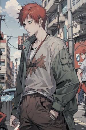 Gaara Sabakuno, Gaara, red hair, green eyes, street, street fashion, fashion, hip hop, masterpiece, best quality