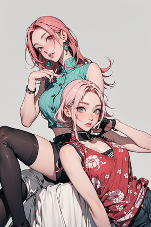 2 girls, 1girl with short pink hair and green eyes named Sakura Haruno, 1girl with long red hair and red eyes named Karin Uzumaki, egypt clothes, ancient egypt, accessories, jewelry, head ornament, harunoshipp forehead protector, sleeveless shirt,Karin uzumaki,Karin,Karin_Uzumaki,