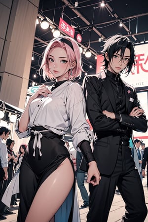 1girl, 1boy, 1girl with short pink hair and green eyes named Sakura Haruno, 1boy with black hair and black eyes named Sasuke Uchiha, couple, elegant dress, suit, event, festival, festive, date, elegant, harunoshipp, Sasukeanime, hairband,Sasuke Uchiha, forehead protector