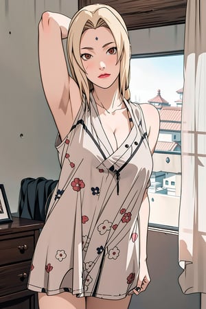 Tsunade, Tsunade Senju, long blonde hair, brown eyes, sleepy, sleep, bed, comfortable, nightwear, masterpiece, best quality