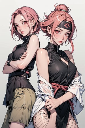 2 girls, 1girl with short pink hair and green eyes named Sakura Haruno, 1girl with long red hair and red eyes named Karin Uzumaki, ninja, shinobi, kunoichi, fishnet, rival, harunoshipp forehead protector, sleeveless shirt,Karin uzumaki,Karin,Karin_Uzumaki,