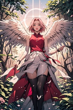 Sakura Haruno, pink hair, green eyes, angel, wings, fly, nature, dress, masterpiece, best quality