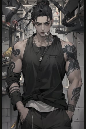 Shikamaru, Shikamaru Nara, long black hair, black eyes, yakuza, ganster, mafia, tattoo, smoking, masterpiece, best quality