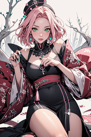 1girl with short pink hair and green eyes named Sakura Haruno, princess, jewelry, headwear, royalty, royal, colored_nails, dress, festive, traditional, harunoshipp,HUD_spr_armr,DP