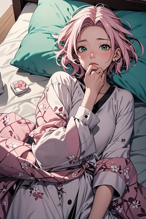 1girl with short pink hair and green eyes named Sakura Haruno, sleep, sleepy, sleepy eyes, napping, pillow, bedsheet, bedroom, harunoshipp,pure sleep