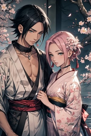 1girl with short pink hair and green eyes and small breast wearing japanese-style dress named Sakura Haruno, 1boy with black hair and black eyes named Sasuke Uchiha, both having hair ornaments and jewelry, necklace, wearing japanese-styled clothes, looking at camera, couple, royalty, harunoshipp, Sasukeanime,Sasuke Uchiha, ancient japanese,ancient_beautiful, Japanese art