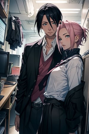 1girl with short pink hair and green eyes and small breast wearing office skirt named Sakura Haruno, 1boy with black hair and black eyes named Sasuke Uchiha, wearing office uniform, pov_hands, couple, harunoshipp, Sasukeanime,Sasuke Uchiha, office, couple_(romantic), Sakura holding onto Sasuke's necktie