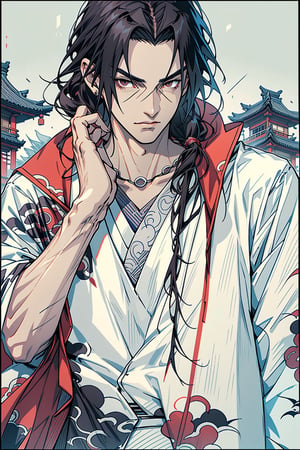 Itachi Uchiha, black long hair, black eyes, ancient asia, ancient japan, ancient china, japanese clothes, chinese clothes, royalty, king, accessories, gold, masterpiece, best quality