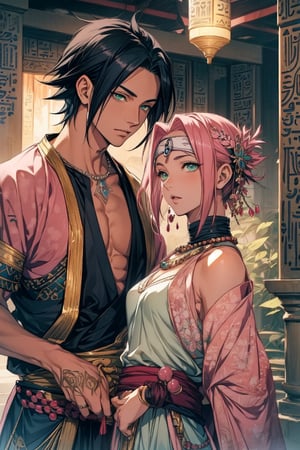 1girl with short pink hair and green eyes and small breasts wearing egpyt-style dress named Sakura Haruno, 1boy with black hair and dark eyes named Sasuke Uchiha, both having hair ornaments and jewelry, necklace, wearing egypt clothes, looking at each other, royalty, harunoshipp, Sasukeanime