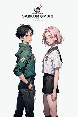 1girl with short pink hair and green eyes named Sakura Haruno, 1man with short black hair in a bowl cut and black eyes named Rock Lee, high school, school uniform, crush, harunoshipp,