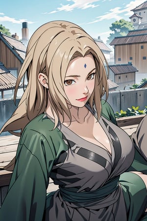 Tsunade, Tsunade Senju, long blonde hair, brown eyes, ninja, shinobi, fishnet, strong, masterpiece, best quality