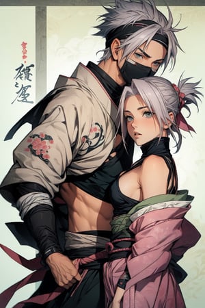 1girl with short pink hair and green eyes and small breast named Sakura Haruno, 1boy with grey hair and black eyes named Kakashi Hatake, facing each other, harunoshipp, shinobi, ninja, Japanese art,Kakashi Hatake, hairband