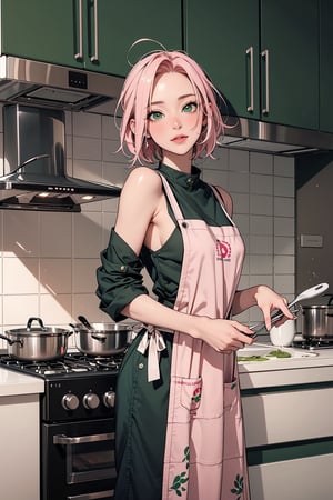 1girl with short pink hair and green eyes named Sakura Haruno in apron, apron, kitchen, baking, cooking, fun, sweet, calm, cozy, harunoshipp,KRU,wearing kitchen_apron,edgLnF