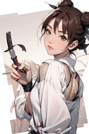 Tenten, brown hair in two buns, brown eyes, ninja, shinobi, fishnet, weapon, kunai, shuriken, masterpiece, best quality