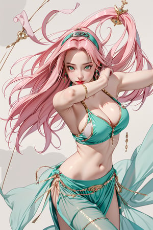 Sakura Haruno, pink hair, green eyes, belly dance, dance, festival, accessories, gold, jewelry, masterpiece, best quality