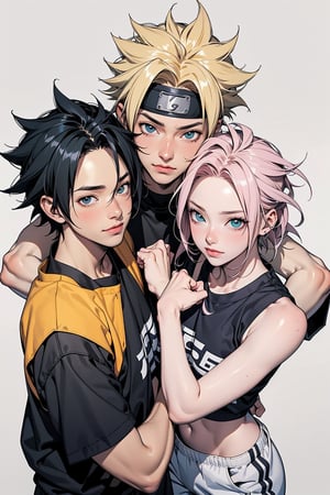 1girl, 2boys, 1girl with short pink hair and green eyes named Sakura Haruno, 1boy with black hair and black eyes named Sasuke Uchiha, 1boy with blond hair and blue eyes named Naruto Uzumaki, friends, team 7, gym, fit, fitness, training, martial arts, harunoshipp, Sasukeanime, hairband,Sasuke Uchiha ,Naruto uzumaki , forehead protector