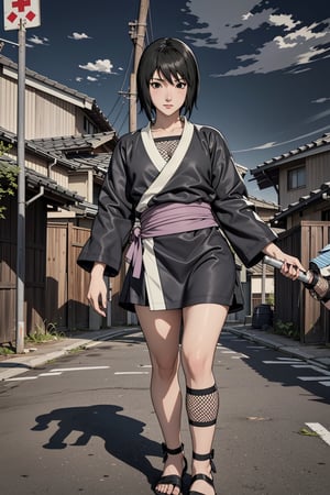 Shizune, short black hair, black eyes, ninja, shinobi, fishnet, medic, masterpiece, best quality