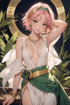 1girl, solo, small breasts, looking at viewer, smile, bangs, green eyes, pink hair, short hair, dress, cleavage, jewelry, cowboy shot, hairband, earrings, necklace, bracelet, no bra, sideboob, ring, gem, armlet, white dress, gold, yellow hairband,harunoshipp, sleeveless shirt, harunonewera, forehead mark, egypt dress, sleeveless,egyptian clothes,haruno sakura, black sash,egypt