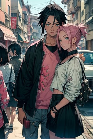 1girl with short pink hair and green eyes and small breast wearing street fashion named Sakura Haruno, 1boy with black hair and black eyes named Sasuke Uchiha, wearing street fashion, pov_hands, couple, harunoshipp, Sasukeanime,Sasuke Uchiha, street fashion, couple_(romantic),fuzoku,fashion,black hair