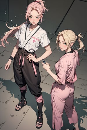 2 girls, 1girl with short pink hair and green eyes named Sakura Haruno, 1woman with long blonde hair in two low ponytail and brown eyes named Tsunade Senju, mentorship, ninja, shinobi, kunoichi, medic, training, harunoshipp