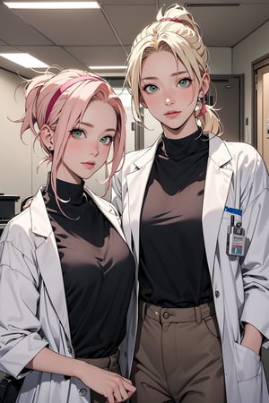 2 girls, 1girl with short pink hair and green eyes named Sakura Haruno, 1woman with long blonde hair in two low ponytail and brown eyes named Tsunade Senju, mentorship, doctor, hospital, medic, harunoshipp,LABCOAT OVER SCRUBS, hairband