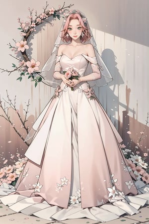 Sakura Haruno, pink hair, green eyes, bride, dress, flower, bridal dress, chapel, accessories, beauty, masterpiece, best quality