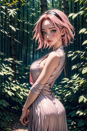 Sakura Haruno, pink hair, green eyes, forest, forest spirit, spirit, ghost, nature, dress, masterpiece, best quality