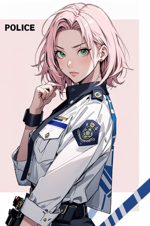 1girl with short pink hair and green eyes named Sakura Haruno in police uniform, police_uniform, cop, police_officer, police, fierce look, handcuffs, harunoshipp,PolicewomanAkiko,ValkyriePoliceStudent,lemon0001,miniskpori