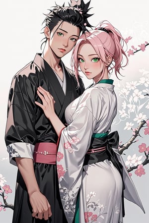 1girl with short pink hair and green eyes named Sakura Haruno, 1man with long black hair in a high ponytail and black eyes named Shikamaru Nara, asian_clothing, chinese_clothes, japanese_clothes, traditional, harunoshipp,hanfu