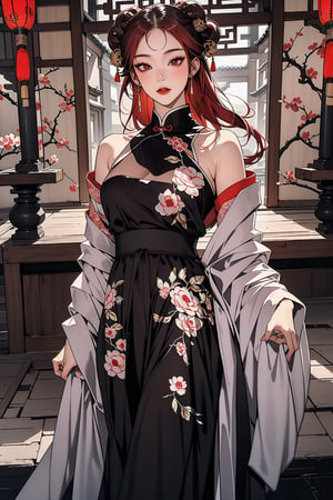 Karin Uzumaki, long red hair, red eyes, ancient asia, ancient china, ancient japan, chinese clothes, japanese clothes, accessories, gold, head accessories, masterpiece, best quality