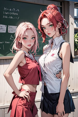 2 girls, 1girl with short pink hair and green eyes named Sakura Haruno, 1girl with long red hair and red eyes named Karin Uzumaki, school. high school, high school uniform, school_uniform, rival, fierce look, harunoshipp forehead protector, sleeveless shirt,Karin uzumaki,Karin,Karin_Uzumaki,school uniform