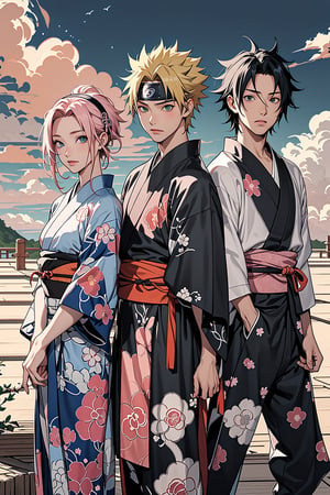 1girl, 2boys, 1girl with short pink hair and green eyes named Sakura Haruno, 1boy with black hair and black eyes named Sasuke Uchiha, 1boy with blond hair and blue eyes named Naruto Uzumaki, friends, team 7, asian clothes, japanese clothes, chinese clothes, ancient japan, ancient china, kimono, qipao, harunoshipp, Sasukeanime, hairband,Sasuke Uchiha ,Naruto uzumaki , forehead protector