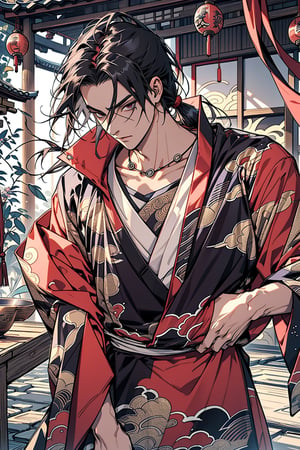 Itachi Uchiha, black long hair, black eyes, ancient asia, ancient japan, ancient china, japanese clothes, chinese clothes, royalty, king, accessories, gold, masterpiece, best quality