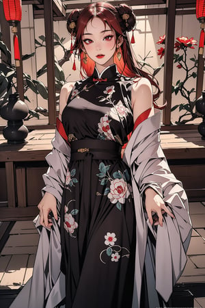 Karin Uzumaki, long red hair, red eyes, ancient asia, ancient china, ancient japan, chinese clothes, japanese clothes, accessories, gold, head accessories, masterpiece, best quality