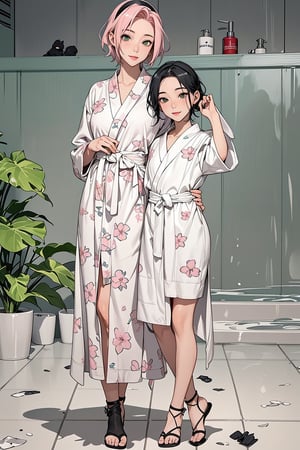 2girls, 1woman with short pink hair and green eyes named Sakura Haruno, 1girl with short black hair and black eyes named Sarada Uchiha, mother and child, family, bathhouse, bath, bathrobe, bathroom, onsen, harunoshipp, hairband,Saradauchiha,cgi,white bathrobe